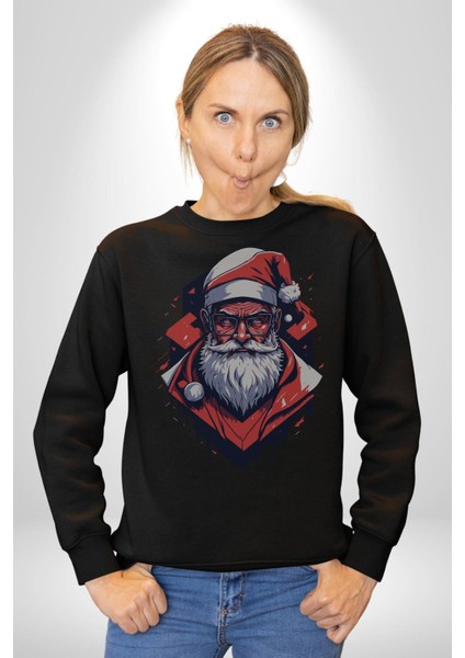 Cool Santa Claus Noel Baba Kadın Erkek Siyah Baskılı Sweatshirt