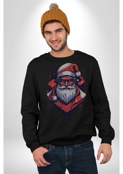 Cool Santa Claus Noel Baba Kadın Erkek Siyah Baskılı Sweatshirt modelleri