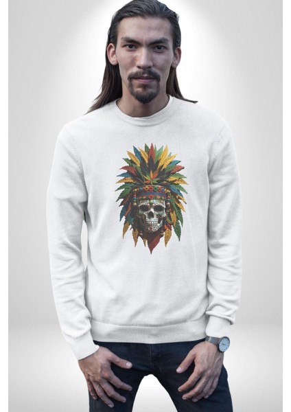Kurukafa Iskelet Kızılderili Tüy Kartal Şefi Kadın Erkek Beyaz Baskılı Sweatshirt