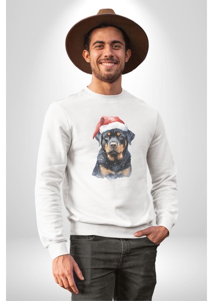 Yeni Yıl Noel Rottweiler Kadın Erkek Beyaz Baskılı Sweatshirt