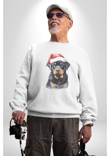 Yeni Yıl Noel Rottweiler Kadın Erkek Beyaz Baskılı Sweatshirt fırsatları