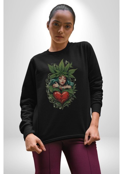 Kalp Parmak Kız Yeşillik Mutluluk Kadın Erkek Siyah Baskılı Sweatshirt fiyatları