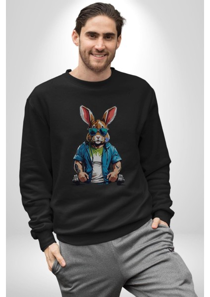 Halter Spor Güneş Gözlüüğü Tavşan Kadın Erkek Siyah Baskılı Sweatshirt