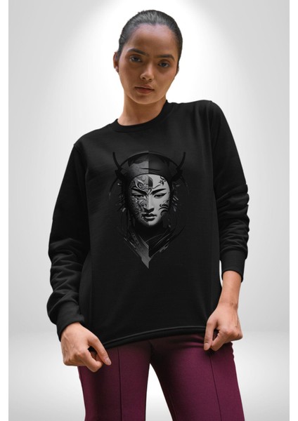 Asyalı Samuray Siyah Beyaz Dövmeli Çift Yüz Kadın Erkek Siyah Baskılı Sweatshirt