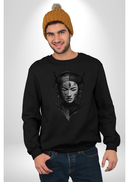 Asyalı Samuray Siyah Beyaz Dövmeli Çift Yüz Kadın Erkek Siyah Baskılı Sweatshirt