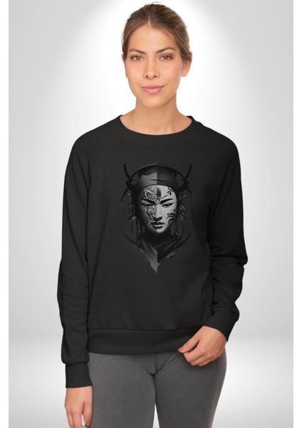 Asyalı Samuray Siyah Beyaz Dövmeli Çift Yüz Kadın Erkek Siyah Baskılı Sweatshirt