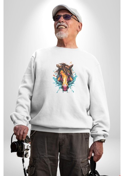 At Kafası Renkli Kadın Erkek Beyaz Baskılı Sweatshirt