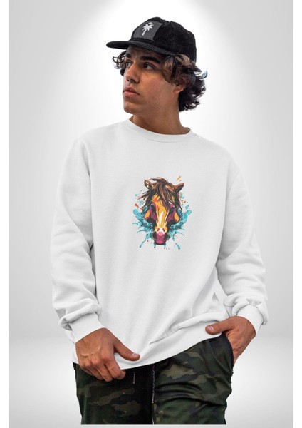 At Kafası Renkli Kadın Erkek Beyaz Baskılı Sweatshirt fırsatları