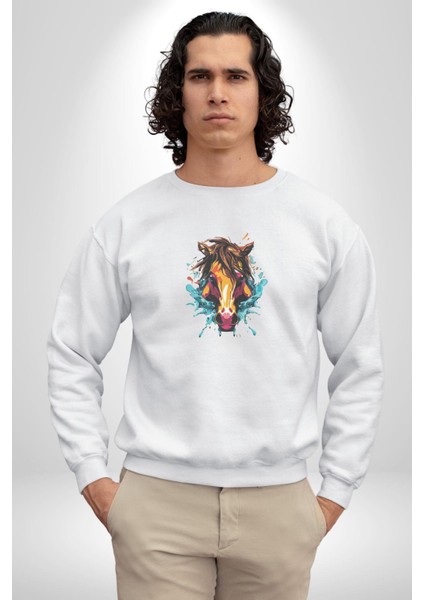 At Kafası Renkli Kadın Erkek Beyaz Baskılı Sweatshirt indirimleri