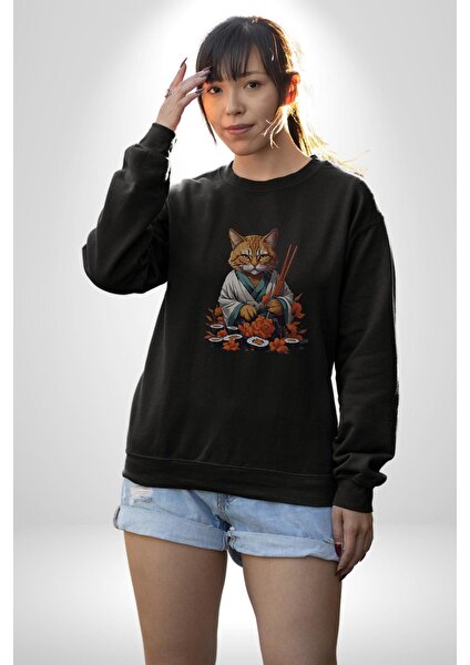 Suşi Balık Çiçek Japon Kedi  Kadın Erkek  Siyah Baskılı Sweatshirt