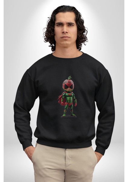 Süper Karpuz Adam Kadın Erkek Siyah Baskılı Sweatshirt