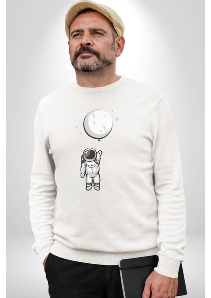 Astronot Ay Balon Kadın Erkek Beyaz Baskılı Sweatshirt fiyatları