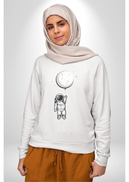 Astronot Ay Balon Kadın Erkek Beyaz Baskılı Sweatshirt modelleri