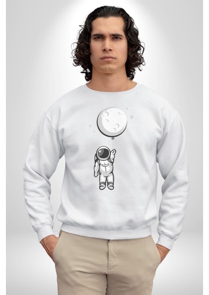 Astronot Ay Balon Kadın Erkek Beyaz Baskılı Sweatshirt fırsatları