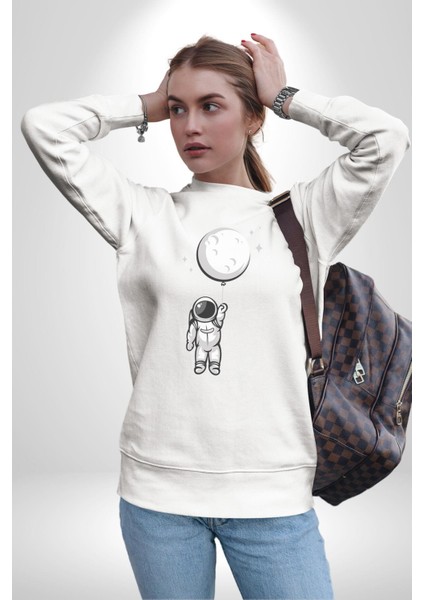 Astronot Ay Balon Kadın Erkek Beyaz Baskılı Sweatshirt indirimleri