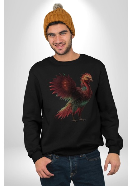 Anka Kuşu Ateş Kuşu Kadın Erkek Siyah Baskılı Sweatshirt