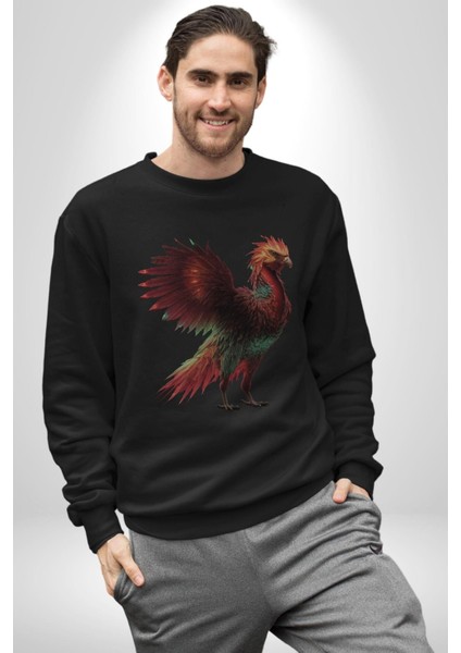 Anka Kuşu Ateş Kuşu Kadın Erkek Siyah Baskılı Sweatshirt