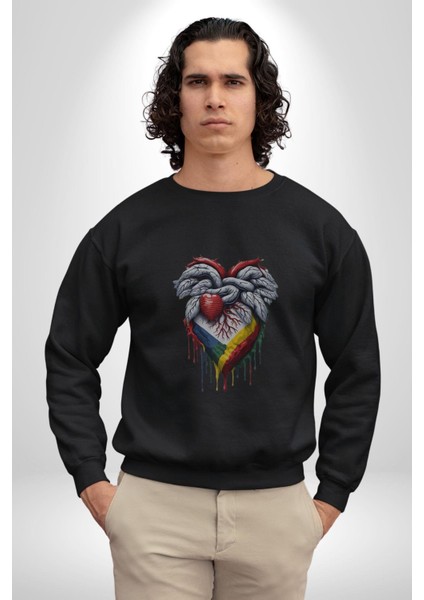 Kalp Damar Renkli Boyalı Kadın Erkek Siyah Baskılı Sweatshirt