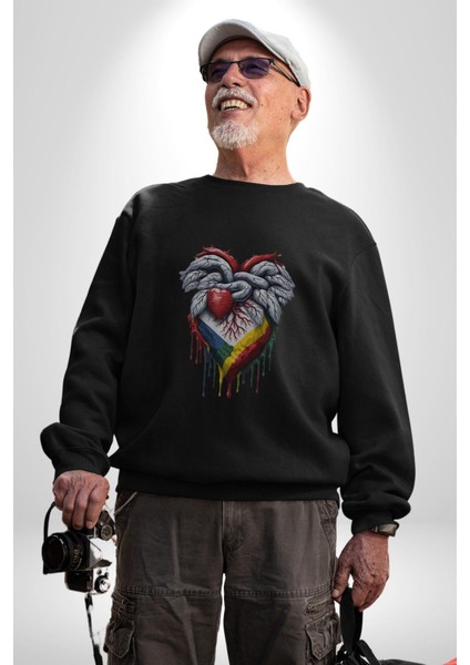 Kalp Damar Renkli Boyalı Kadın Erkek Siyah Baskılı Sweatshirt fiyatları