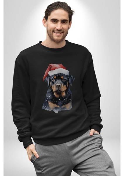 Yeni Yıl Noel Rottweiler Kadın Erkek Siyah Baskılı Sweatshirt fiyatları