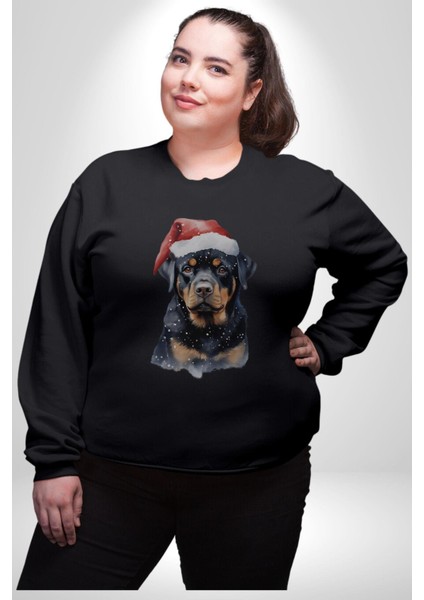 Yeni Yıl Noel Rottweiler Kadın Erkek Siyah Baskılı Sweatshirt modelleri