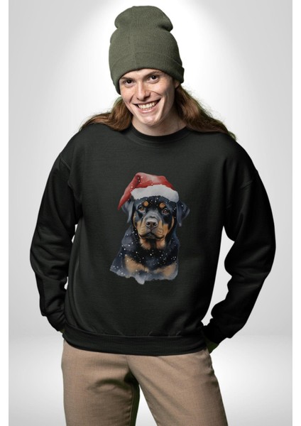 Yeni Yıl Noel Rottweiler Kadın Erkek Siyah Baskılı Sweatshirt indirimleri