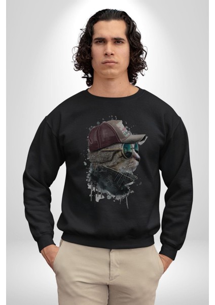 Pilot Çeketli Deri Şapkalı Cool Kedi Kadın Erkek Siyah Baskılı Sweatshirt