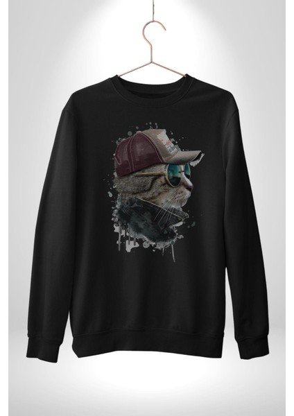 Pilot Çeketli Deri Şapkalı Cool Kedi Kadın Erkek Siyah Baskılı Sweatshirt fiyatları
