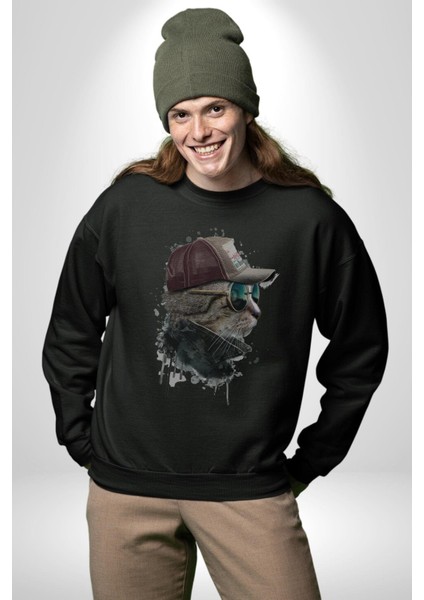 Pilot Çeketli Deri Şapkalı Cool Kedi Kadın Erkek Siyah Baskılı Sweatshirt modelleri