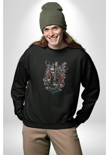 Gitar Kafatası Güller Doğa Uyumu Kadın Erkek Siyah Baskılı Sweatshirt