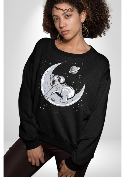 Kuala Sancar Uyuyor Ay Mars Kadın Erkek Siyah Sweatshirt