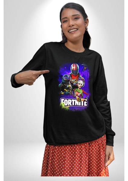 Fortnite Karakterleri Oyun Kadın Erkek Siyah Sweatshirt