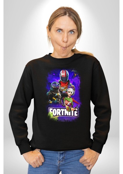 Fortnite Karakterleri Oyun Kadın Erkek Siyah Sweatshirt