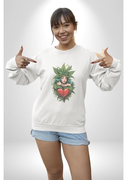 Kalp Parmak Kız Yeşillik Mutluluk Kadın Erkek Beyaz Baskılı Sweatshirt