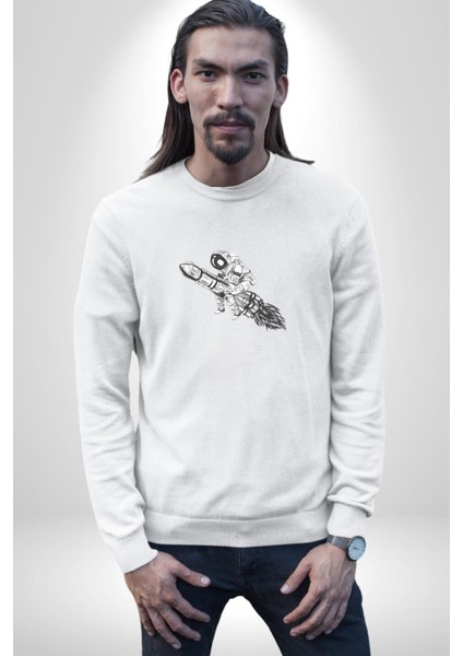 Roket Astronot Kadın Erkek Beyaz Baskılı Sweatshirt