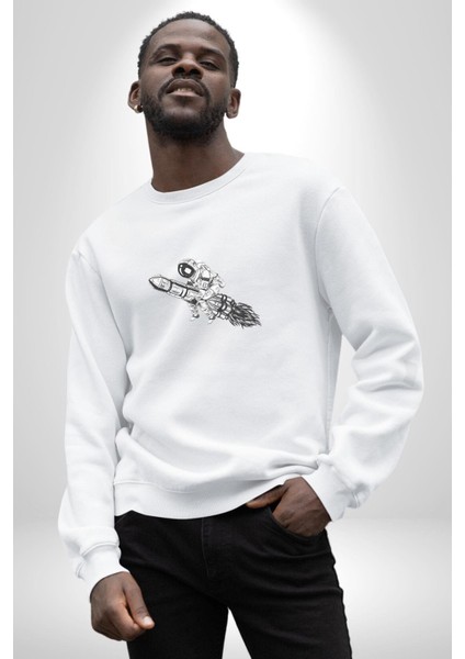 Roket Astronot Kadın Erkek Beyaz Baskılı Sweatshirt modelleri