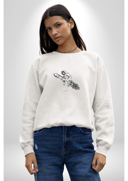 Roket Astronot Kadın Erkek Beyaz Baskılı Sweatshirt fırsatları