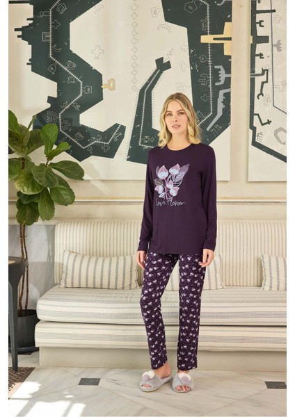 Kadın Mürdüm Viskon Uzun Kollu Pijama Takımı 240633