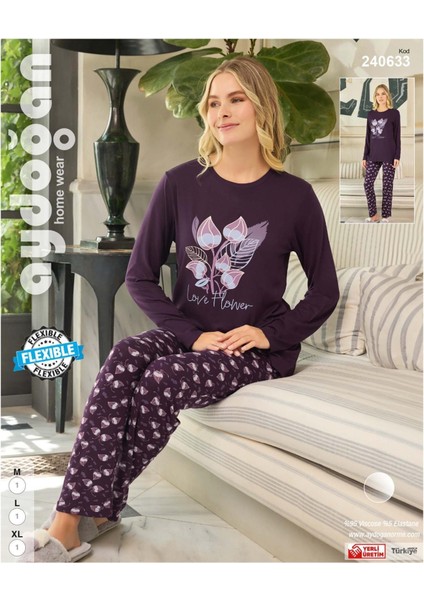Kadın Mürdüm Viskon Uzun Kollu Pijama Takımı 240633