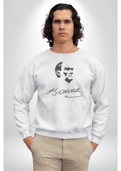 Kemal Atatürk Imza ve Silüet Kadın Erkek Beyaz Baskılı Sweatshirt