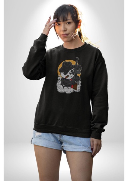 Gangster Panda  Kadın Erkek  Siyah Baskılı Sweatshirt