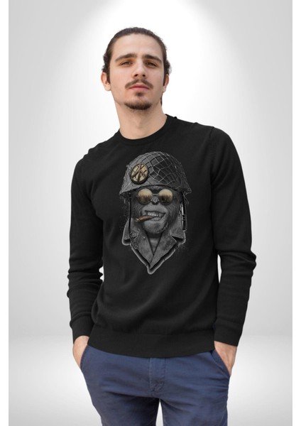 Asker Goril Komutan Kadın Erkek Siyah Baskılı Sweatshirt modelleri
