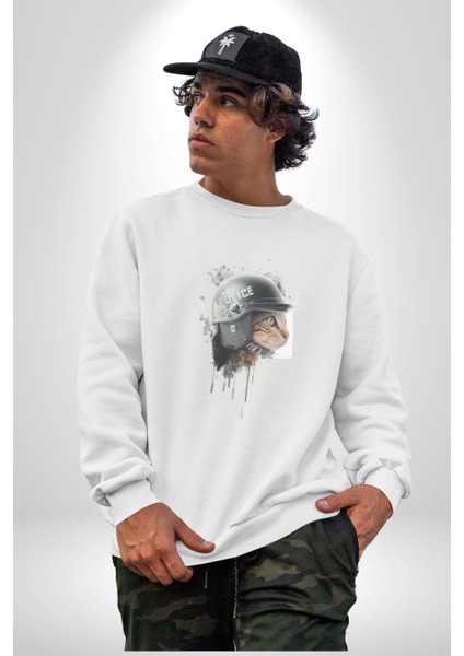 Kaket Polis Kedi Kadın Erkek Beyaz Baskılı Sweatshirt