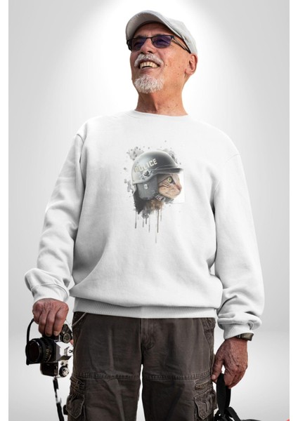 Kaket Polis Kedi Kadın Erkek Beyaz Baskılı Sweatshirt modelleri