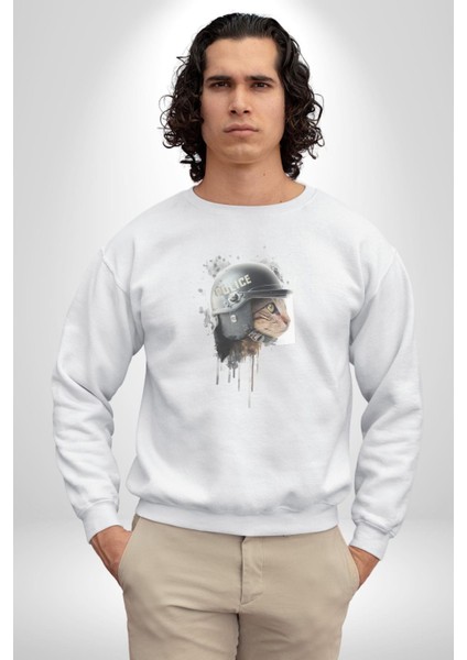 Kaket Polis Kedi Kadın Erkek Beyaz Baskılı Sweatshirt indirimleri