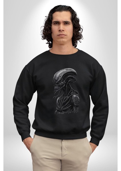 Uzaylı Predator Canavar Kadın Erkek  Siyah Baskılı Sweatshirt