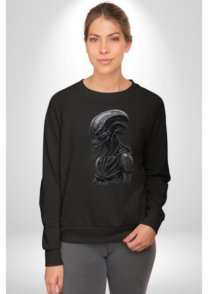 Uzaylı Predator Canavar Kadın Erkek  Siyah Baskılı Sweatshirt