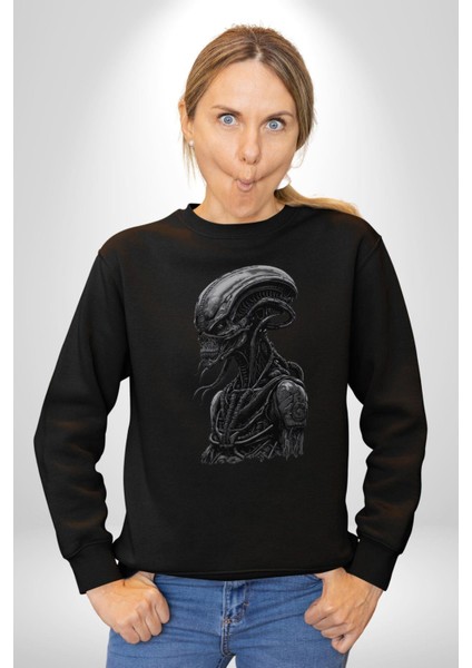 Uzaylı Predator Canavar Kadın Erkek  Siyah Baskılı Sweatshirt