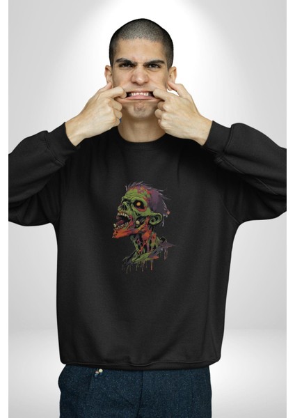 Zombi Kafası Kadın Erkek Siyah Baskılı Sweatshirt