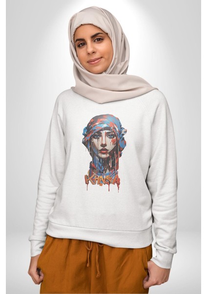 Khansa Eşarp Kadın Tasarımı Kadın Erkek Beyaz Baskılı Sweatshirt